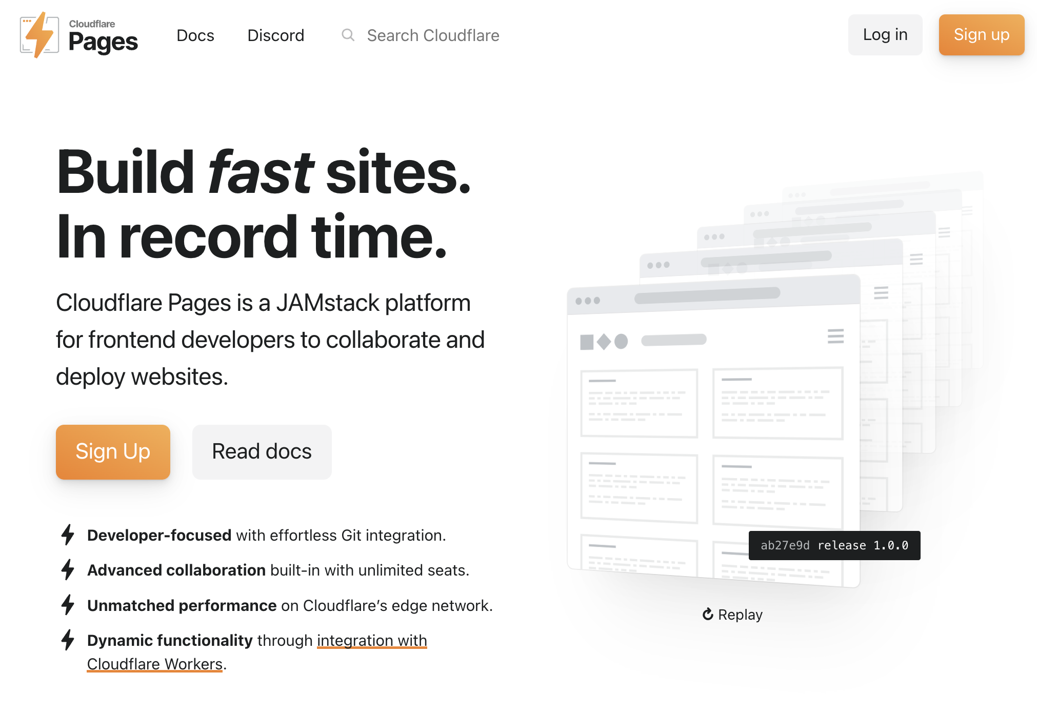 スクリーンショット：トップページのコピー「Cloudflare Pages is a JAMstack platform for frontend developers to collaborate and deploy websites.」の記述はそのまま残されている。