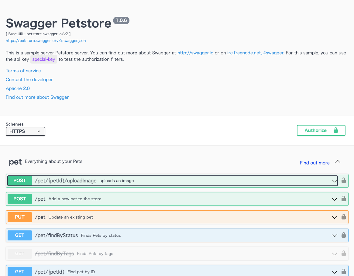 Swagger UIのサンプル画面のスクリーンショット：上部に「Swagger Petstore」とタイトルがあり、その下に英文で説明が書いてある。「pet」の下に「POST」「PUT」「GET」という欄が表示されている。