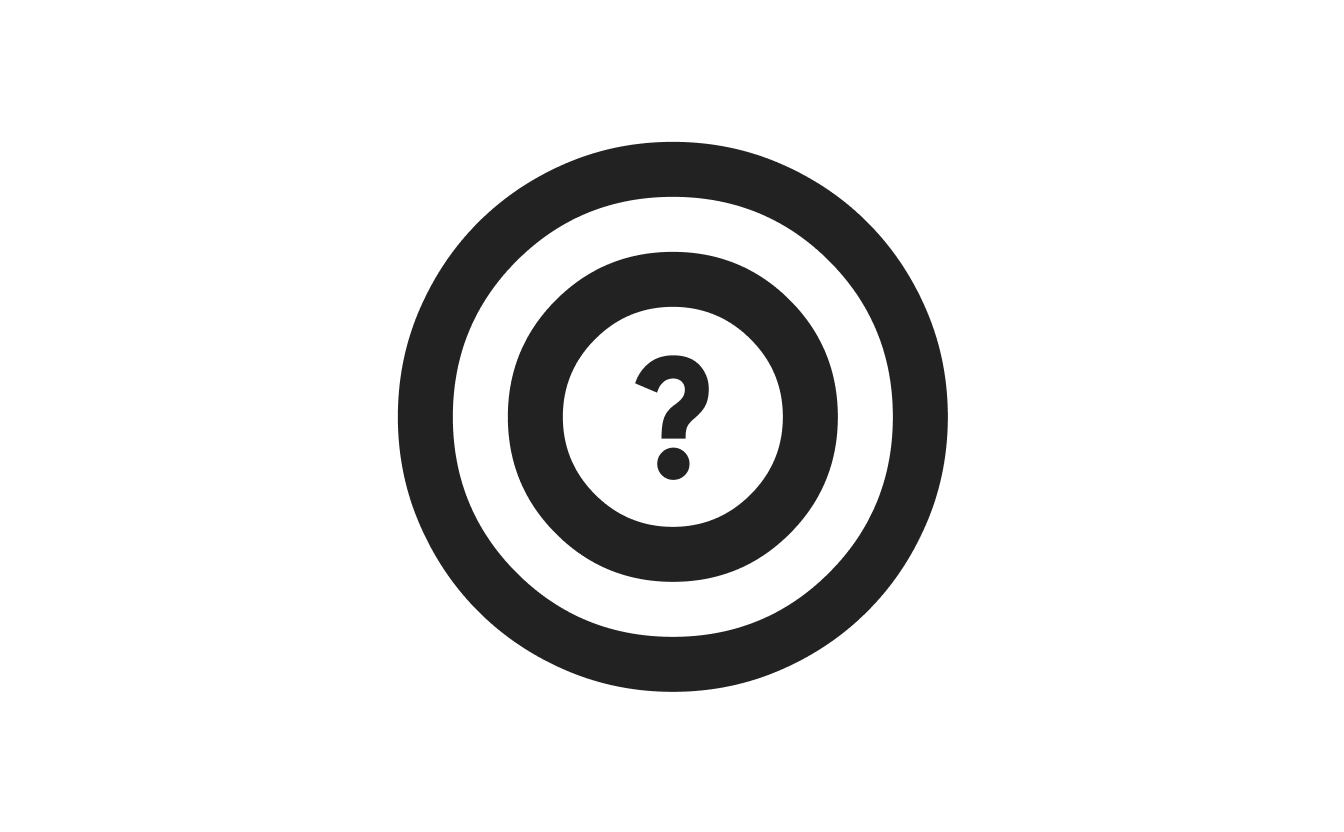 イメージ図：黒い同心円（的）の真ん中に「？」が表示されている。