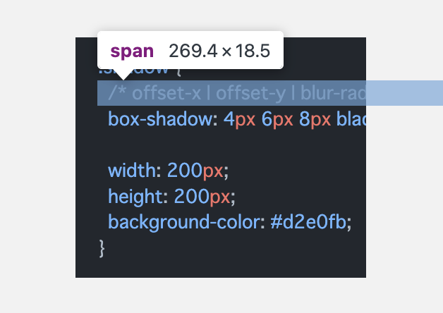 スクリーンショット：コードブロックの左端を表示した状態で、DevToolsでspan要素を選択したところ。span 269.4x18.5というチップが表示されていて、要素が選択されていることがわかる。span要素の範囲を示す青い半透明の矩形の左端は黒背景＋余白の位置から始まるが、矩形の右端は黒背景色がついたpre要素から飛び出して、ずっと右側へ伸びている。