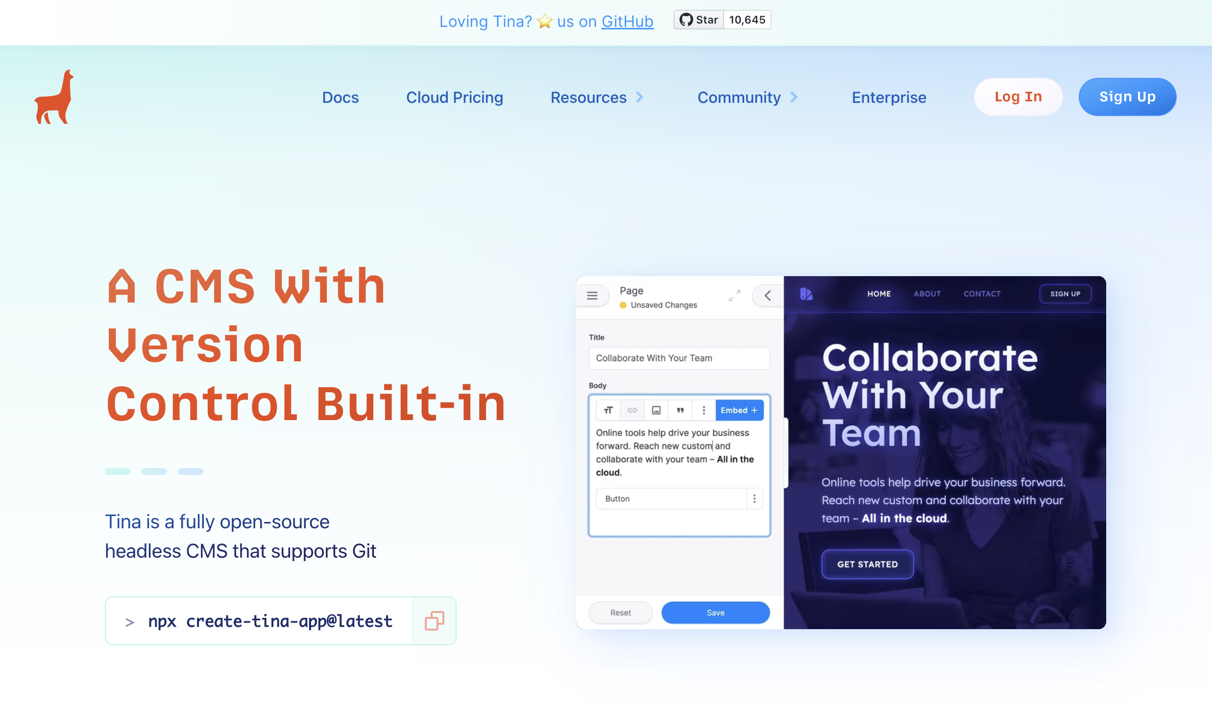 スクリーンショット：TinaCMS公式サイトのトップページ。A CMS With Version Control Built-inというキャッチコピーがある。