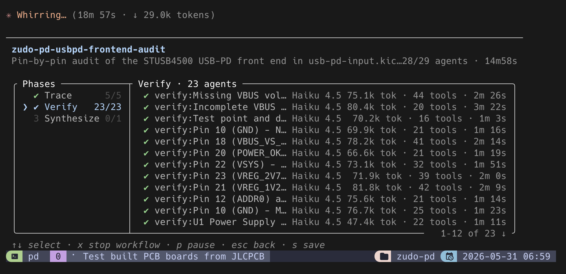 スクリーンショット:Trace、Verify、Synthesizeの3つのフェーズで構成されたワークフローが実行され、23個のHaikuサブエージェントがICの各ピンの接続を並列で検証しているClaude Codeのワークフロー進捗画面