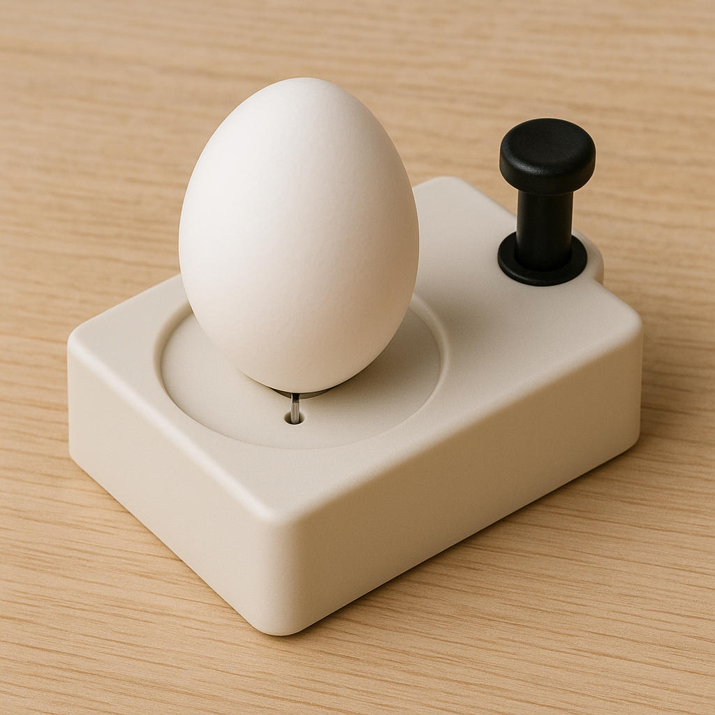 イメージ写真：テーブルの上に置かれた卵の穴開け機。白い台座の中央に卵が立てられ、下部の小さな突起が殻に触れている。右側には黒い押しボタンがついており、押すことで卵の底に小さな穴をあける仕組みになっている。