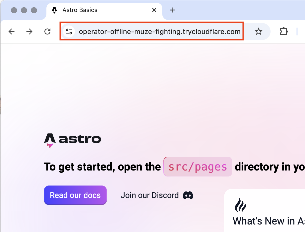 スクリーンショット：ブラウザでAstroのサイトが表示されている。URLバーには「operator-offline-muze-fighting.trycloudflare.com」と表示され、赤枠で囲まれている。