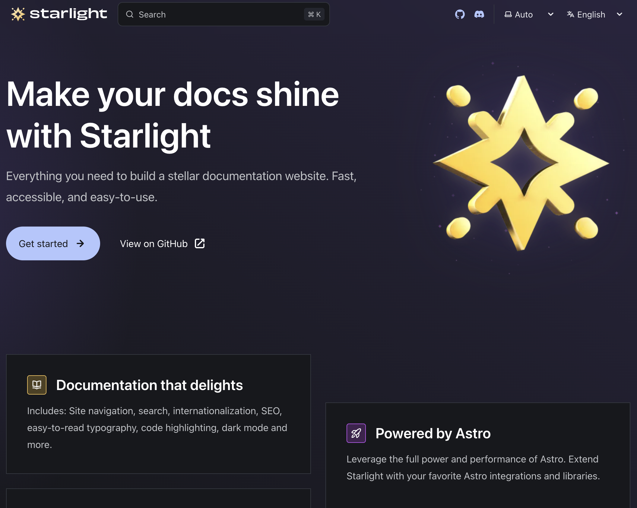 スクリーンショット：Starlightの公式サイト。トップページの表示。「Make your docs shine with Starlight」とキャッチコピーが表示され、ドキュメント作成ツールの紹介が記載されている。
