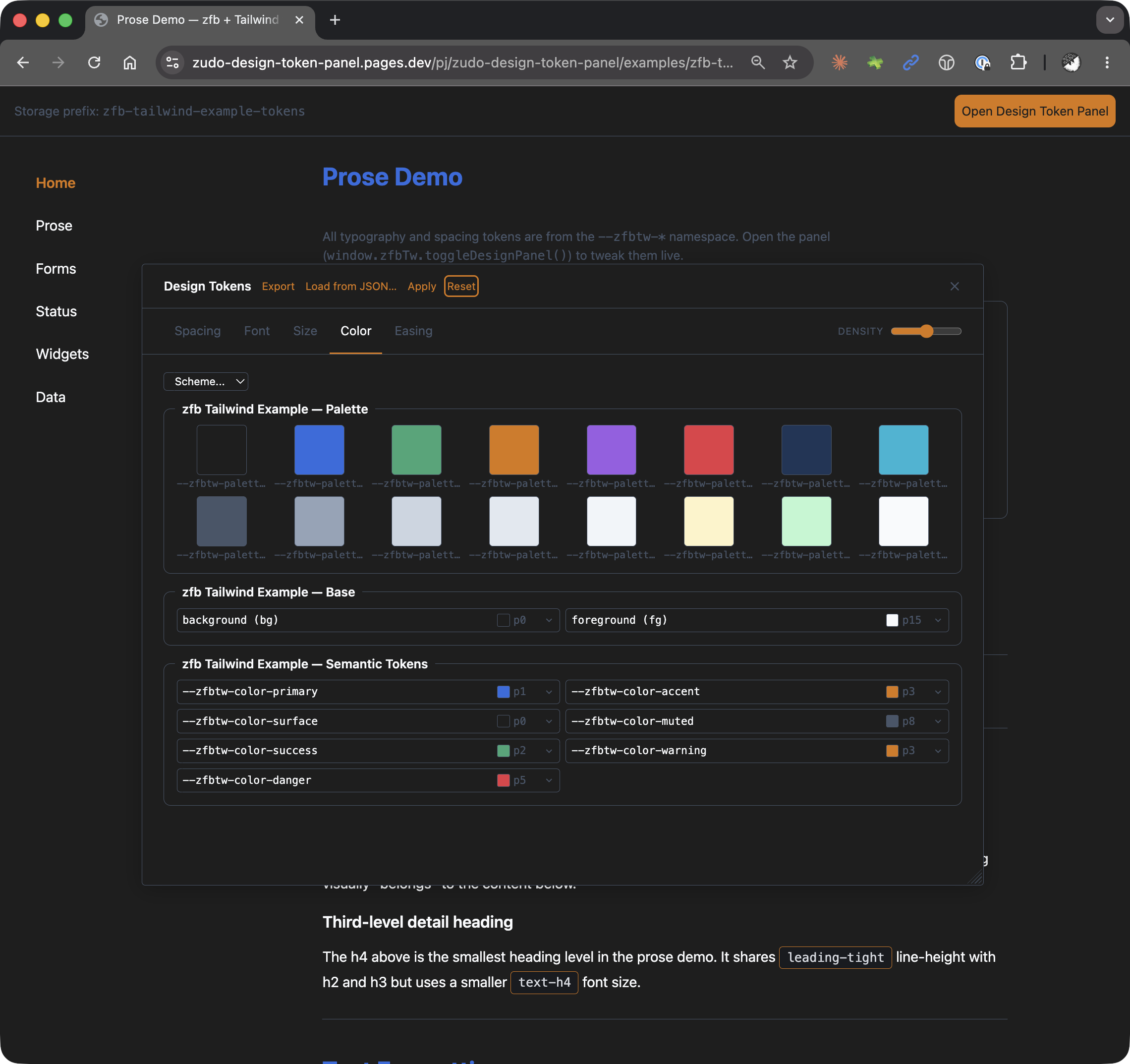 zudo-design-token-panelのデモページ。ブラウザ上でデザイントークンのカラーパレットやセマンティックトークンを一覧・編集できるパネルが表示されている
