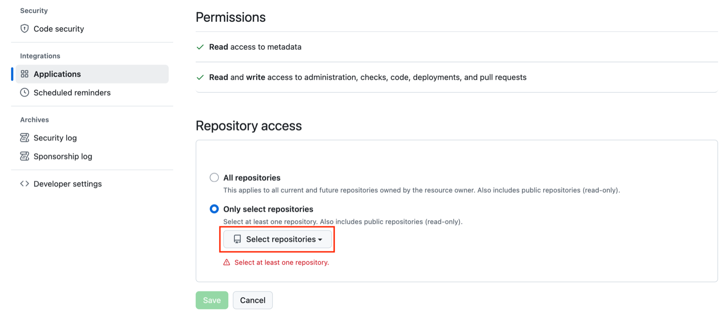 スクリーンショット:GitHubのApplications設定で「Cloudflare Workers and Pages」を開いた画面。上部の「Permissions」には、メタデータの読み取りと、administration、checks、code、deployments、pull requestsの読み書きが許可されていると表示されている。下部の「Repository access」では「Only select repositories」が選ばれ、赤枠で強調された「Select repositories」ボタンの下に「Select at least one repository.」という警告が出ている